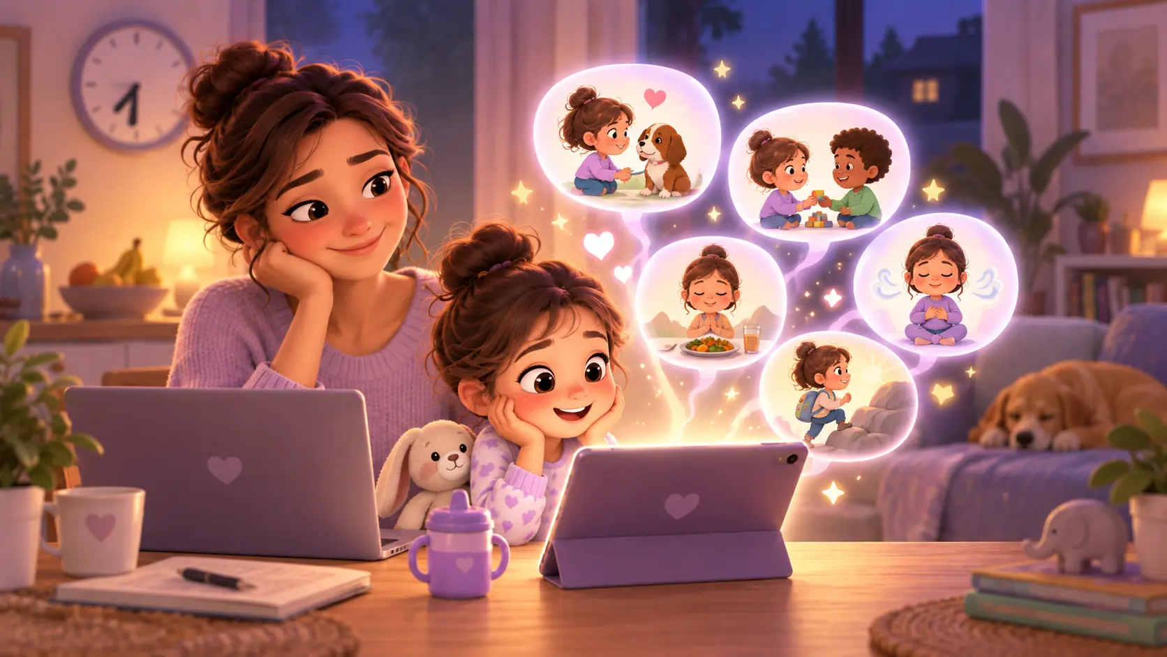 A mother and her daughter looking at a tablet together in the evening, with small illustrated moments of kindness, sharing and calm floating above the screen