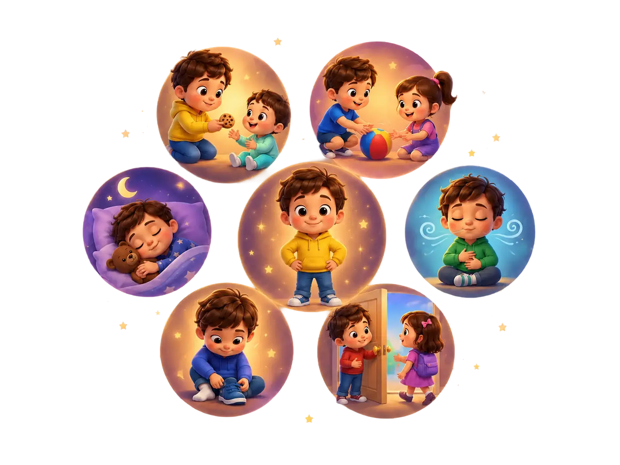 A ring of small illustrated moments, like sharing a cookie, playing ball, sleeping with a teddy bear, breathing calmly, tying a shoe, and greeting a friend at the door, around a single child